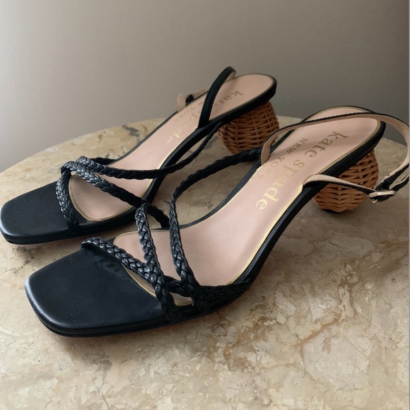 Kate Spade Valencia Sandals Black Size 8 Woven Raffia Ball Heel - Picture 3 of 13
